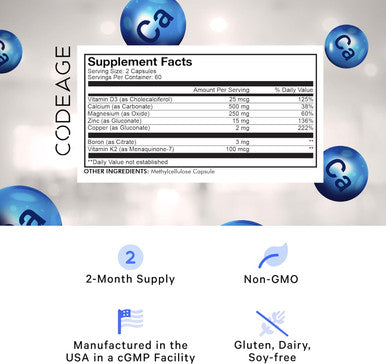 Codeage Calcium 500mg Supplement Vitamin D3 Magnesium Zinc Copper Boron Vitamin K2-2-Month Supply - Elemental Calcium Pills & High Calcium Vitamins Non-GMO - 120 Capsules