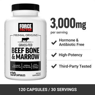 Force Factor Primal Origins Beef Bone and Marrow Cartilage Supplement Made with Pasture-Raised Grass Fed Zealand Beef Hormone Non-GMO 120 Capsules