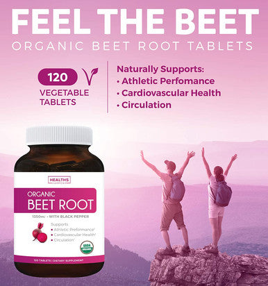 USDA Organic Beet Root Powder 120 Tablets 1350mg Beets Per Serving with Black Pepper for Extra Absorption Nitrate Supplement for Circulation Heart Health Super Athletic Performance No Capsules