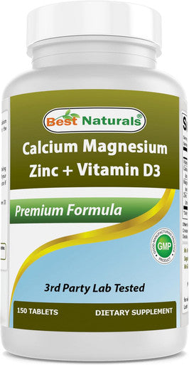 Best Naturals Calcium Magnesium Zinc with Vitamin D3 150 Tablets - Calcium 1000 mg Magnesium 400 mg Zinc 25 mg & D3 600 IU per Serving (3 Tablets)