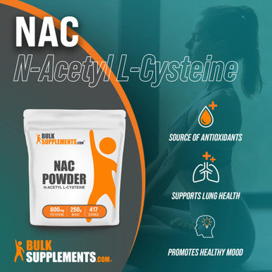 BulkSupplements NAC Powder (N Acetyl cysteine) - NAC 600 mg - NAC Supplement - N Acetyl Cysteine 600 mg - 600mg , 417 Servings (250 Grams - 8.8 oz)