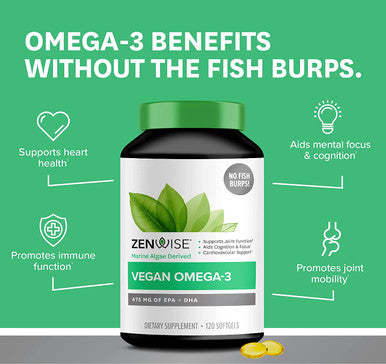 Zenwise Vegan Omega3 Plant Based Fish Oil Alternative Marine Algal Source for EPA and DHA Fatty Acids Burpless Supplement for Brain Health Joint Support Immune System Heart Skin 120 ct