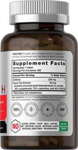 Caffeine Pills 200mg | with Green Tea | 300 Tablets | Vegetarian, Non-GMO & Gluten Free | by Horbaach