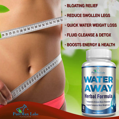 YUMMYVITE Water Away Gentle Herbal Diuretic - Natural Diuretic Water Pills - Relieve Bloating, Reduce Excess Water Weight With Dandelion Leaf, Green Tea, Detox Cleanse & Urinary Health. Non-Gmo, 60 Capsules