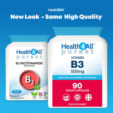 Health4All Vitamin B3 Niacin as Nicotinamide (Niacinamide) 500mg 90 Capsules Purest No Additives Vegan Gluten Free No-Flush Niacin VitB3 Capsules | Made in UK