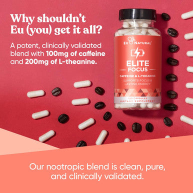 Elite Caffeine Pills With L-Theanine Jitter-Focused Energy Supplements Clean & Natural Nootropic Stack For Smart Cognitive Performance 120 Soft Capsules