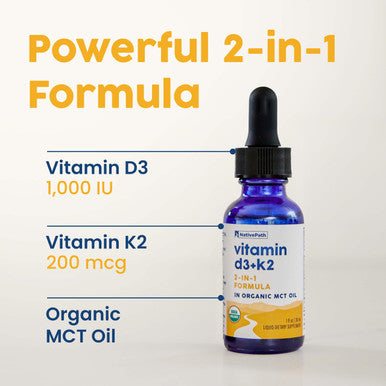 NativePath D3K2 Tincture - 1000IU Vitamin D3 and Vitamin K2 Supplement with Organic MCT Oil - 1 Fluid Ounce - Rapid Bioavailability Multi-Vitamin for Bone Strength and Total Body Wellness 30 Servings