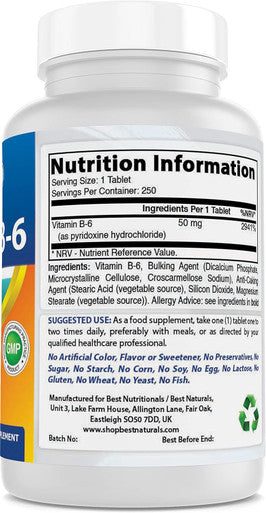 Best Naturals Vitamin B6 50 mg 250 Tablets