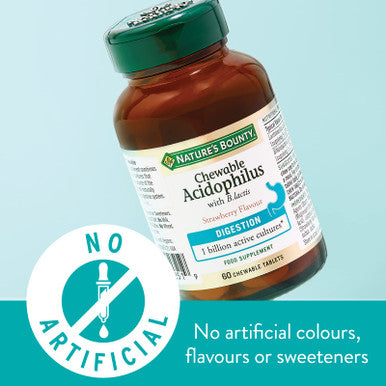 Nature's Bounty Chewable Acidophilus With B. Lactis Strawberry Flavour Tablets - Pack Of 60 Chewable Tablets - 1 Billion Active Cultures Per Tablet - Suitable For Vegetarians And Vegans