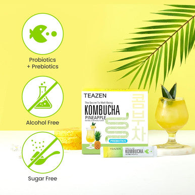 Teazen Pineapple Kombucha Tea Hydration Drink Mix Sugar Live Probiotics & Prebiotics 30 Sticks 5.29oz