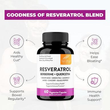 Trans-Resveratrol With Berberine 200Mg, Green Tea 30Mg, Grape Seed Extract 150Mg And Quercetin 150Mg, Supports Gut, Digestive & Immune Health For Women And Men, 60 Capsules
