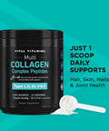 Vital Vitamins Multi Collagen Peptides Powder Unflavored, Easy to Dissolve Type I II III V X for Women and Men Promotes Hair Skin Nails and Joint Health 30 Servings