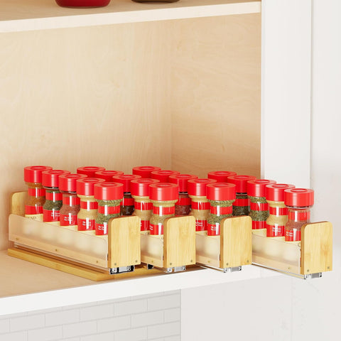 SpaceAid Bamboo Pull Out Spice Rack Organizer for Cabinet, Heavy Duty Slide Out Seasoning Kitchen Pantry Sliding Vertical Organization, 7.6" Wide, 3 Drawers(2" Wide), 2-Tier, Natural