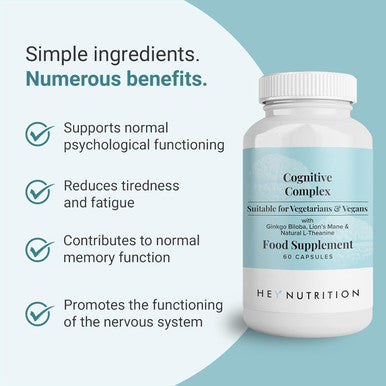 Hey Nutrition Cognitive Complex Supplement - Ginkgo Biloba Lion s Mane & Natural L-Theanine - Supports Mental Performance Memory and Psychological Function - UK Manufactured - 60 Vegan Capsules