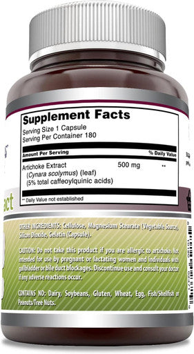 Amazing Nutrition Formulas Artichoke Extract Supplement | Cynara Scolymus Leaf Capsules| 500 Mg | 180 Capsules | Non-GMO | Gluten | Made in USA