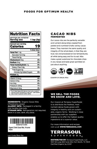 Terrasoul Superfoods Raw Organic Cacao Nibs 16 Oz Superfood Crunch for Smoothie Bowls Nut Butter Spreads Oatmeal and DIY Chocolate Creations