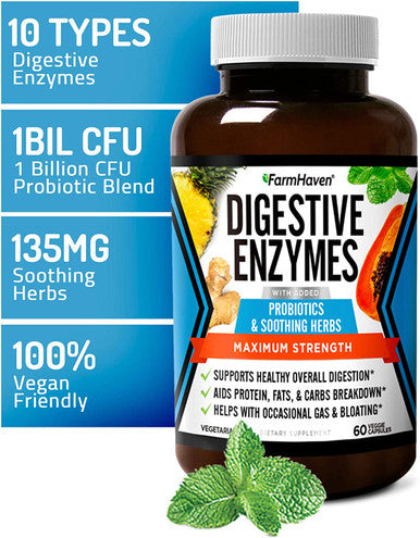 FarmHaven Digestive Enzymes with 18 Probiotics Herbs Papaya Bromelain Protease More for Lactose Absorption Better Digestion Helps Bloating Gas Constipation Vegetarian 60 Capsules