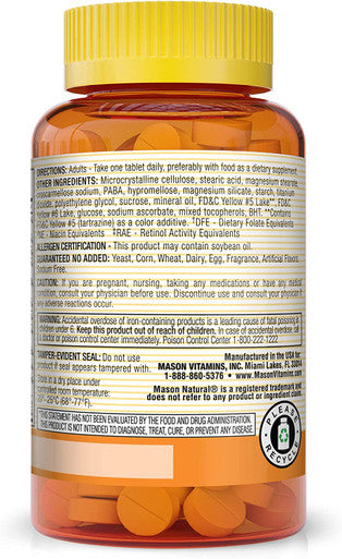 Mason Natural Daily Multiple Vitamins with Iron, Vitamins A, C, D, E, B1, B2, B3, B6, B12, Folate and Calcium for Overall Health, 100 Tablets (Pack of 3)