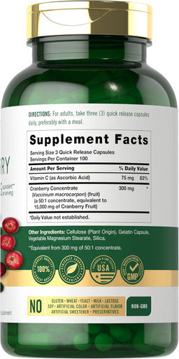 Carlyle Cranberry Pills 15000mg | 300 Capsules | with Vitamin C | Non-GMO Gluten