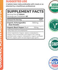 USDA Organic Ashwagandha 120 Tablets Vegetarian 1350mg Per Serve with Black Pepper Natural Adrenal Support Cortisol Thyroid Support Immune Support No Pills or Capsules