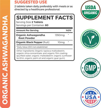 USDA Organic Ashwagandha 120 Tablets Vegetarian 1350mg Per Serve with Black Pepper Natural Adrenal Support Cortisol Thyroid Support Immune Support No Pills or Capsules