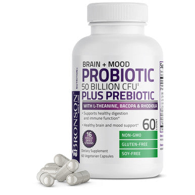 Bronson Brain + Mood Probiotic 50 Billion Cfu Plus Prebiotic With L-Theanine, Bacopa And Rhodiola Non-Gmo, 60 Vegetarian Capsules