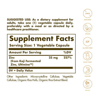 Solgar Earth Source Food Fermented Koji Zinc 25Mg 30 Vegetable Capsules - Higher-Absorption Bioavailable Zinc For Immune & Skin Health - Non-Gmo Vegan No Gluten No Dairy Kosher - 30 Servings