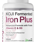 Koji Fermented Iron Plus - Iron Supplement With Vitamin C, Vitamin D3 And Folate For Blood Support, Easily Absorbed And Bioavailable, Stomach Friendly, Vegan, Non-Gmo - 60 Capsules