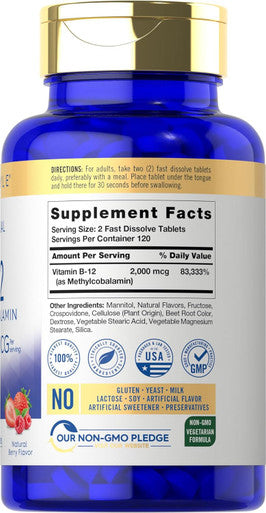 Carlyle Vitamin B-12 | 2000mcg | 240 Fast Dissolve Tablets | Methylcobalamin | Natural Berry Flavor | Vegetarian Non-GMO & Gluten Sublingual Supplement