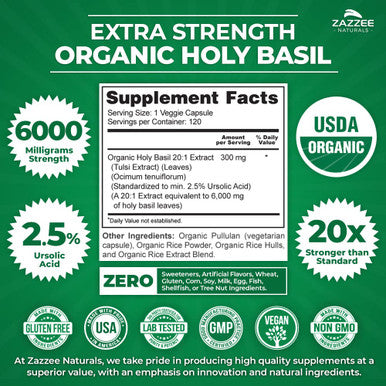 Zazzee Usda Organic Holy Basil 20:1 Extract, 6000 Mg Strength, 2.5% Ursolic Acid, 120 Vegan Capsules, 4 Month Supply, Concentrate