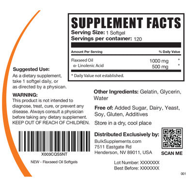 BulkSupplements Flaxseed Oil Softgels - Vegan Omega 3 Supplement - Flaxseed Supplement - 1 Flaxseed Oil 1000mg Softgels - Flax Seed Oil Pills - 120-Day Supply (120 Softgels)