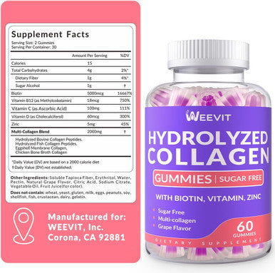 Sugar-Hydrolyzed Collagen Peptide Gummies, Collagen Gummies For Women With Biotin Vitamin C D B12, Collagen Supplement For Immune, Digestion, Skin, Nails, Hair