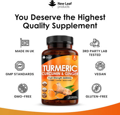 Turmeric Tablets 2600Mg High Strength With Black Pepper & Ginger (6 Months Supply) Active 95% Turmeric Curcumin Supplements 365 Tablets Not Capsules, Vegan, Uk Made By Leaf