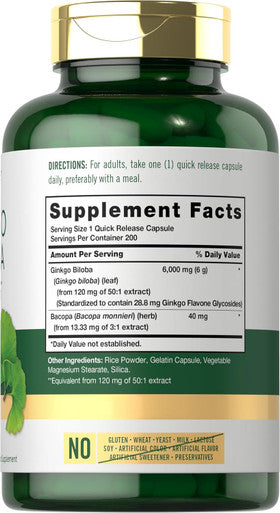 Carlyle Ginkgo Biloba Pills | 6000mg | 200 Capsules | Maximum Strength | Non-GMO Gluten Supplement