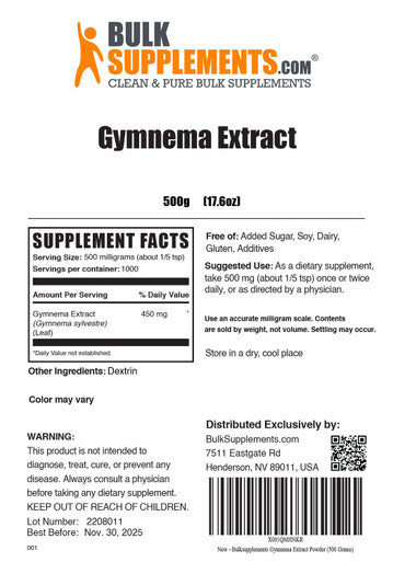 BulkSupplements Gymnema Sylvestre Extract Powder - Herbal Supplement Powder, from Gymnema Leaf - 500mg of Gymnema Extract , (500 Grams - 1.1 lbs)