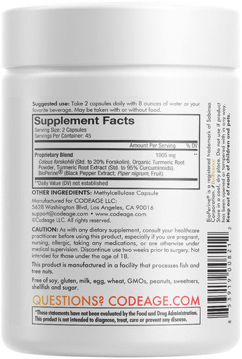 Codeage Forskolin, Pure Forskolin Coleus + Organic Turmeric Root Powder, 95% Curcuminoids + Bioperine Black for Absorption - 20% Standardized Coleus Forskohlii, Non-GMO, 90 Capsules