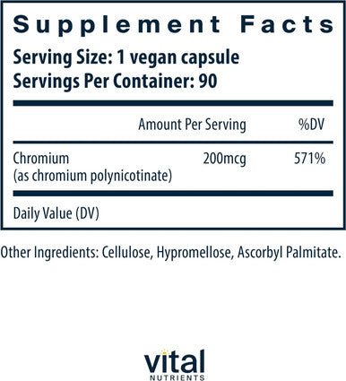 Vital Nutrients Chromium Polynicotinate 200mcg | Chromium Supplements for Healthy Fat and Carbohydrate Metabolism | Cholesterol Maintenance Supplement | Gluten Dairy Soy | Non-GMO | 90 Capsules