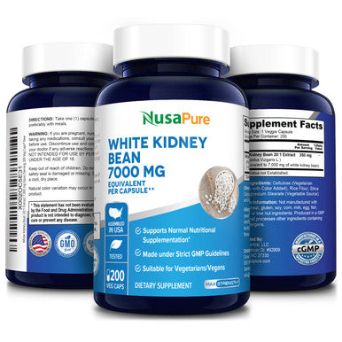 NusaPure White Kidney Beans 7,000 mg 200 Veg Capsules - Extract 20:1, Vegetarian, Gluten-Free and Non-GMO