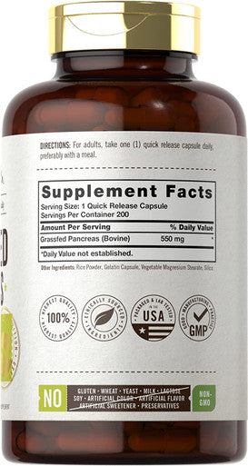 Grass Fed Beef Pancreas 550mg | 200 Capsules | Desiccated Pasture Raised Bovine Supplement | Non-GMO, Gluten Free | by Herbage Farmstead