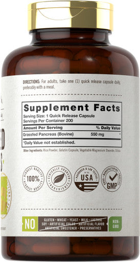Grass Fed Beef Pancreas 550Mg | 200 Capsules | Desiccated Pasture Raised Bovine Supplement | Non-Gmo, Gluten Free | By Herbage Fa