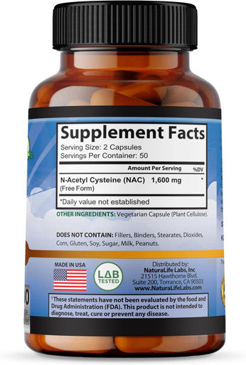 Naturalife Labs A Higher Standard N-Acetyl-L-Cysteine (Nac) 1600 Mg 100 Veggie Capsules