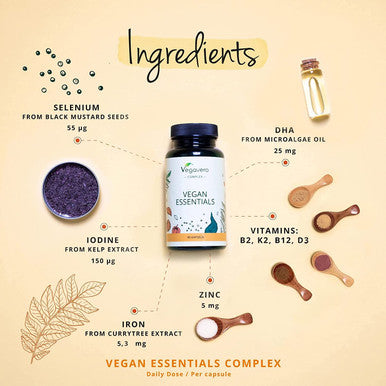 Vegan Essentials VegaveroÃƒâ€šÃ‚Â® | Multivitamins & Minerals | with Omega 3, Vitamin B12, B2, D3, K2, Zinc, Iron and Iodine | NO Additives | Natural Support for a Vegan Diet