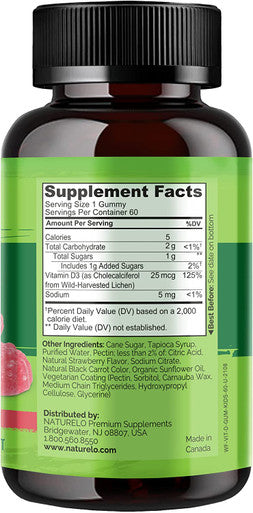 NATURELO Vegan D3 Gummies for Kids - 1000 IU Vitamin D3 - Plant-Based Whole Food Supplement for Children 4 and Older - 60 Vegan-Friendly Gummies