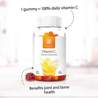 Healthspan Vitamin C Citrus Gummies | 90 Gummies | 100% NRV Vitamin C | Boosts Immunity & Contributes to Normal Collagen Formation | Citrus Flavoured | No Added Sugar