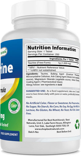 Best Naturals Taurine 1000 mg 250 Tablets - Supports Eye Health Healthy Cellular Activity & Cardiovascular Health