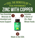 Raw Whole Food Zinc With Copper + 25 Vegetables And Fruit Blend For Max Absorption. Immune Support Supplement Capsules. Two Essen