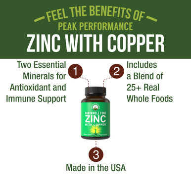 Raw Whole Food Zinc With Copper + 25 Vegetables And Fruit Blend For Max Absorption. Immune Support Supplement Capsules. Two Essen