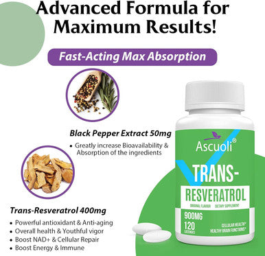 Ascuoli Sublingual Trans-Resveratrol Purity 99%, 3-In-1 Advanced Formula Resveratrol Supplement For Boost Nad+, Immune & Energy Support, Anti-Aging, Skin & Overall Health, 240 Lozenge (240-Day Supply)