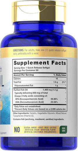 Carlyle Triple Strength Omega 3 Fish Oil | 1400mg | 60 Softgels | Non-GMO Gluten Supplement