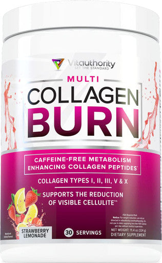 Multi Collagen Burn MultiType Hydrolyzed Collagen Protein Peptides with Hyaluronic Acid Vitamin C SOD B Dimpless Types I II III V and X Collagen Caffeine Strawberry Lemonade